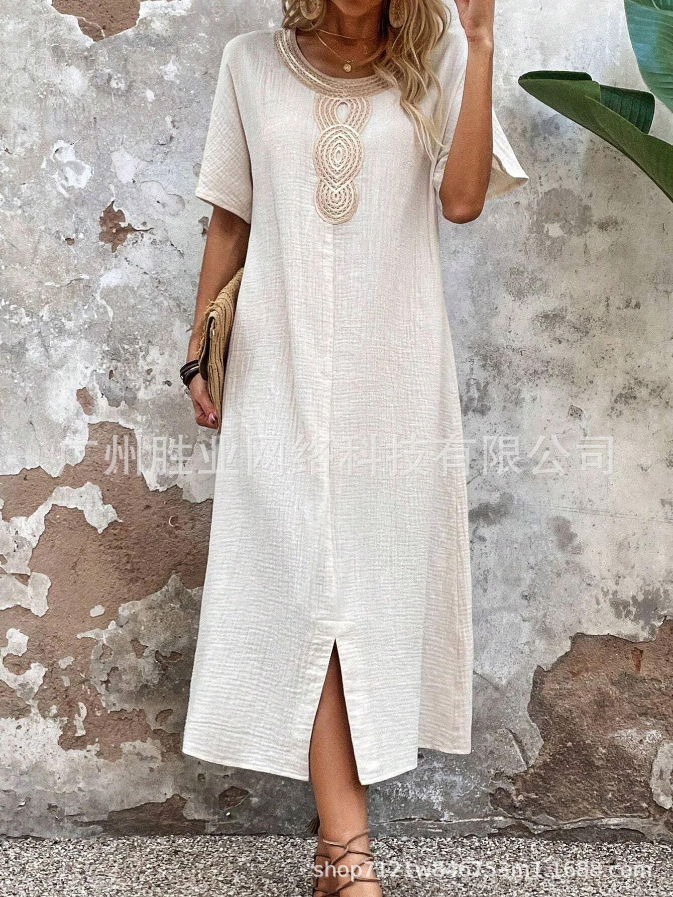 【S-3XL】Rochie brodata la gât rotund din bumbac si in de culoare uni