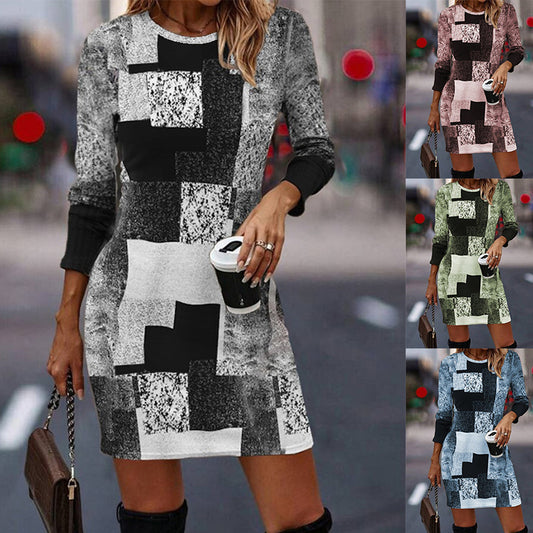 🔥【S-3XL】Rochie lejeră cu mânecă lungă, cu decolteu rotund, culoare contrastantă