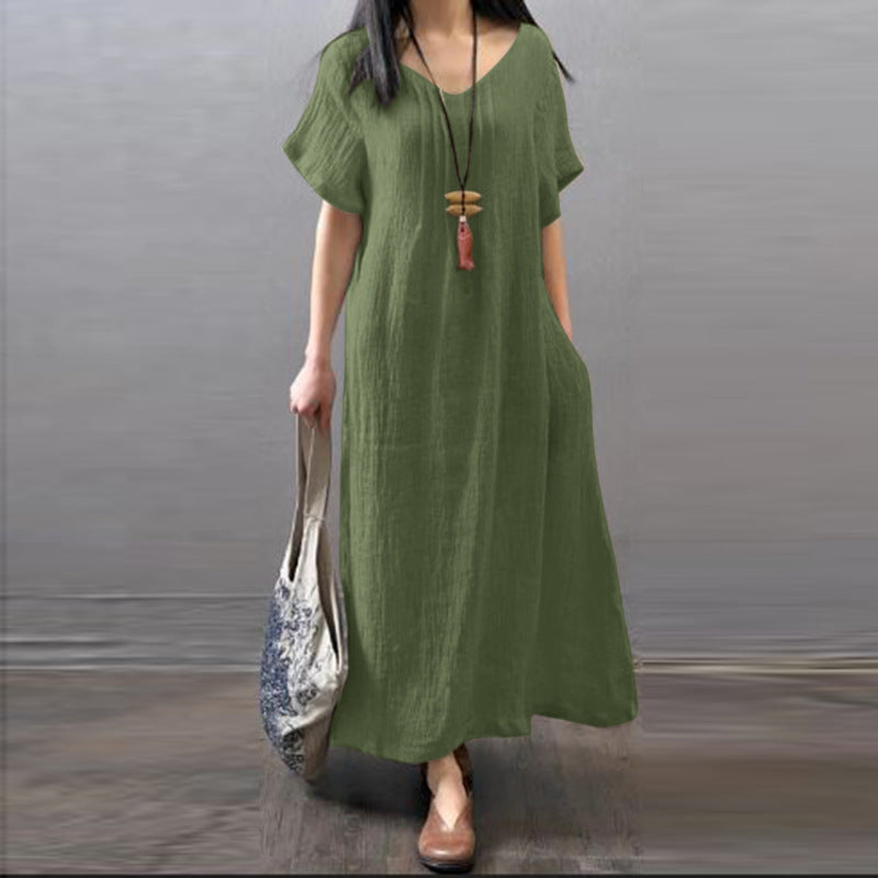 👗【S-5XL】Nova ležerna haljina od pamuka i lana, materijal od pamuka i lana, široka i opuštena s džepovima