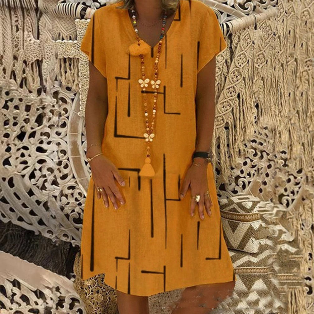 🥻🌲【45% OFF】👗【S-5XL】Nowa sukienka z nadrukiem z dekoltem w serek, wykonana z bawełny i lnu: przyjazna dla skóry i miękka