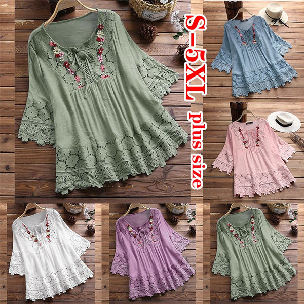 【S~5XL】Čipkana ležerna majica s 3/4 rukavima, ženska jednobojna široka bluza s V-izrezom