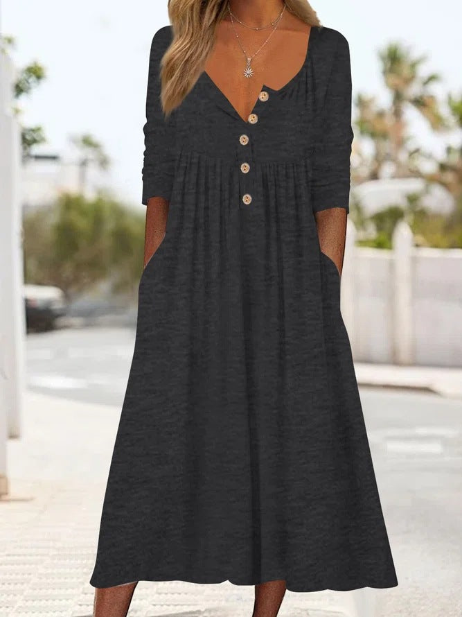 😍😍😍【S-3XL】Rochie midi de culoare uni cu nasturi
