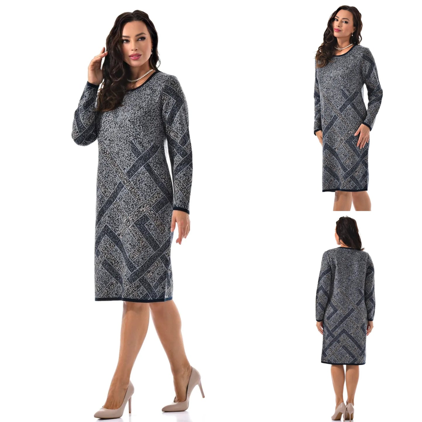 【49% OFF】🔥💟Νέο κομψό φθινοπωρινό και χειμωνιάτικο γκρι ριγέ φόρεμα με στάμπα