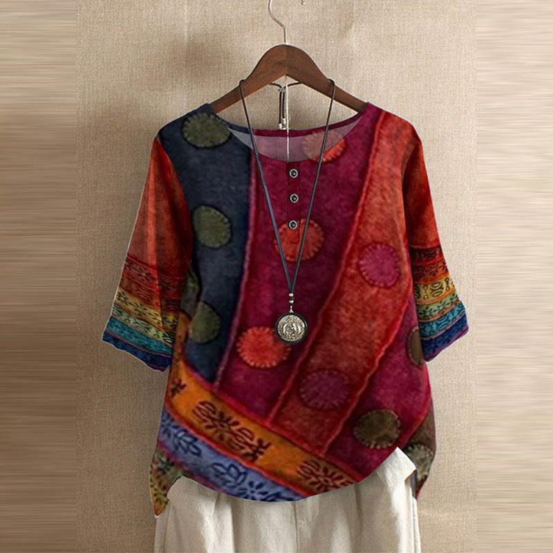 🌸2025 Noul puzzle geometric cu imprimare digitală, cu gât rotund, tricou mai lung pentru femei