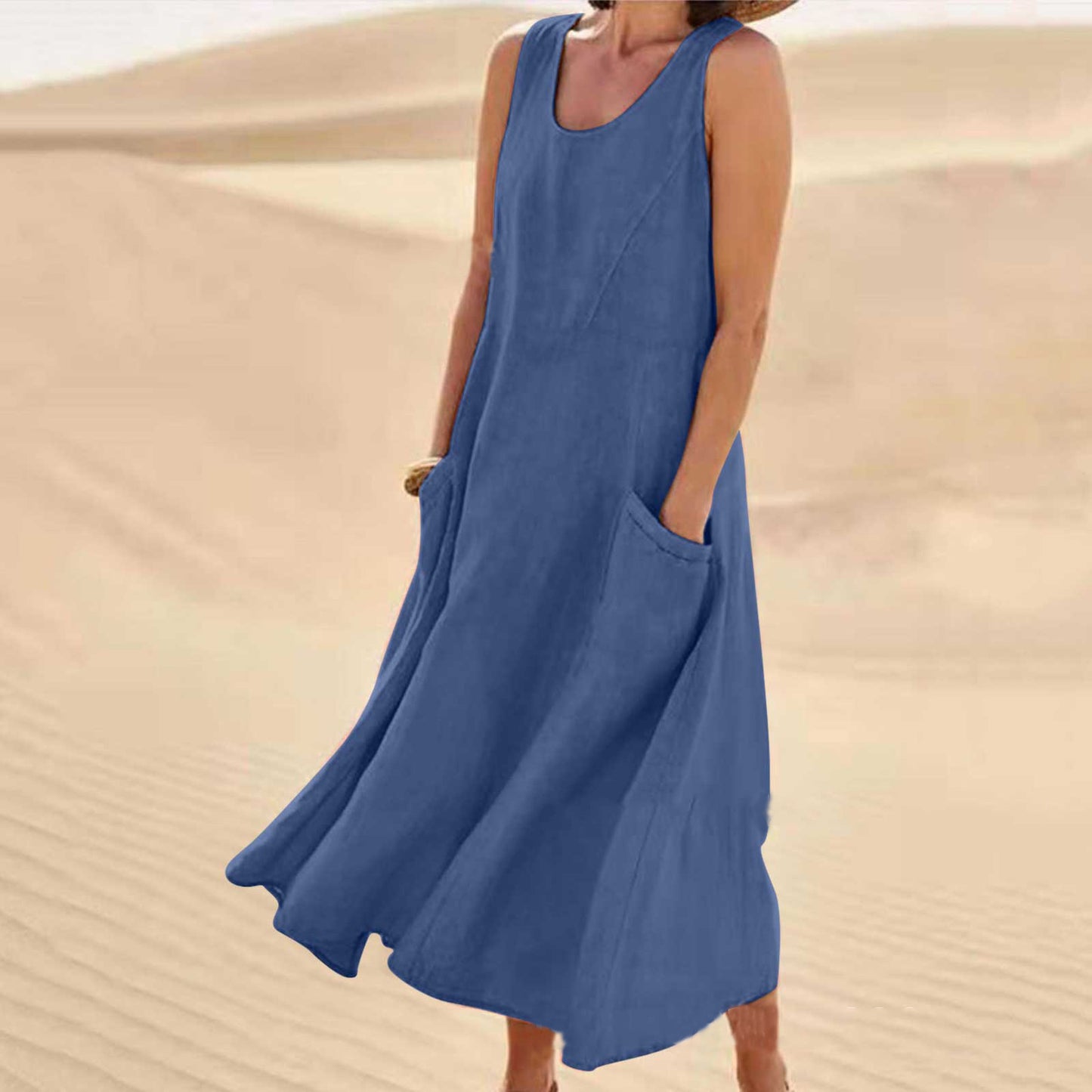 🌈👗【S-5XL】Nova elegantna jednobojna haljina bez rukava s okruglim izrezom od pamuka i lana za ljeto 2025.