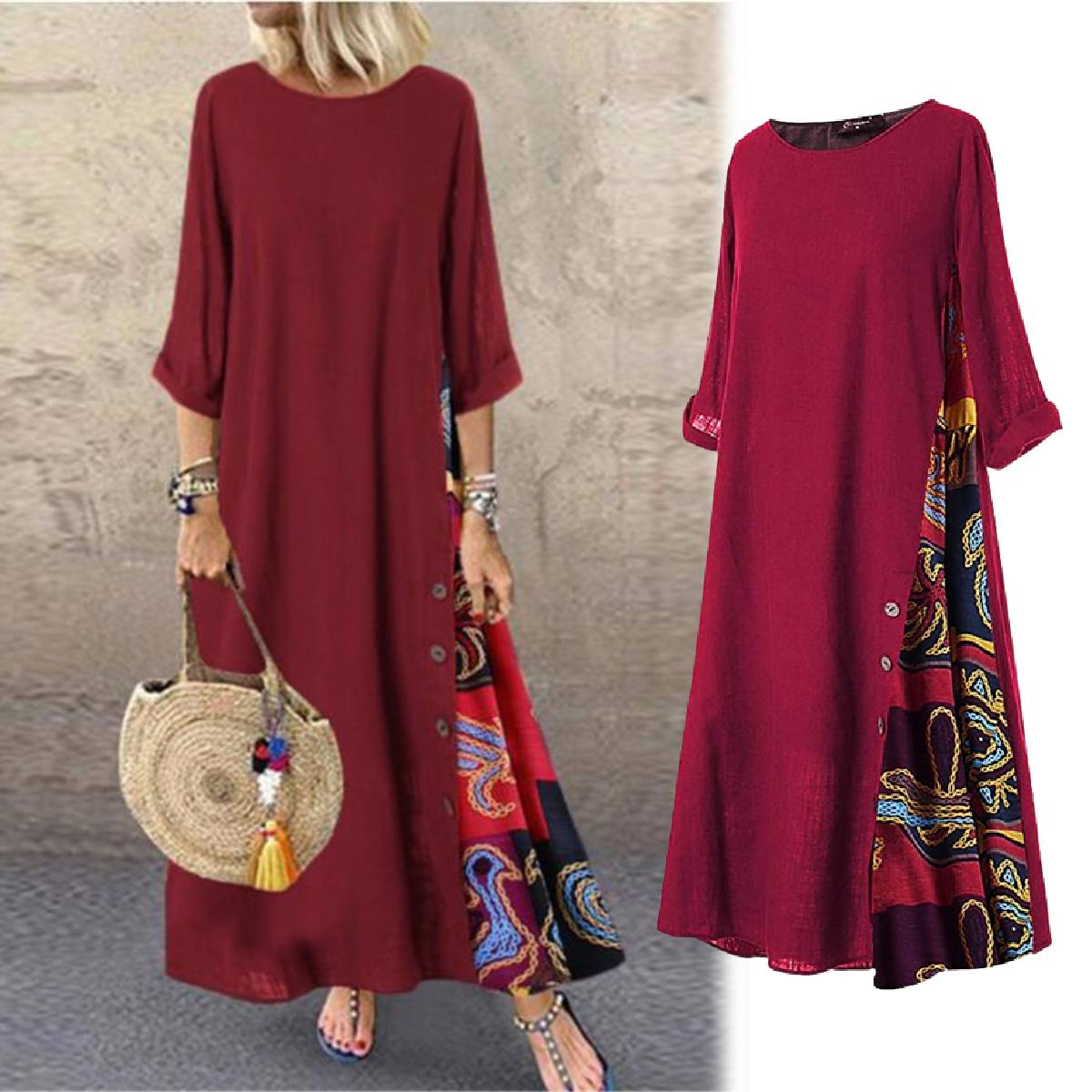 ✨💖【M-5XL】Rochie elegantă, retro, casual, cu imprimeu, cu mânecă medie, nouă, 2025