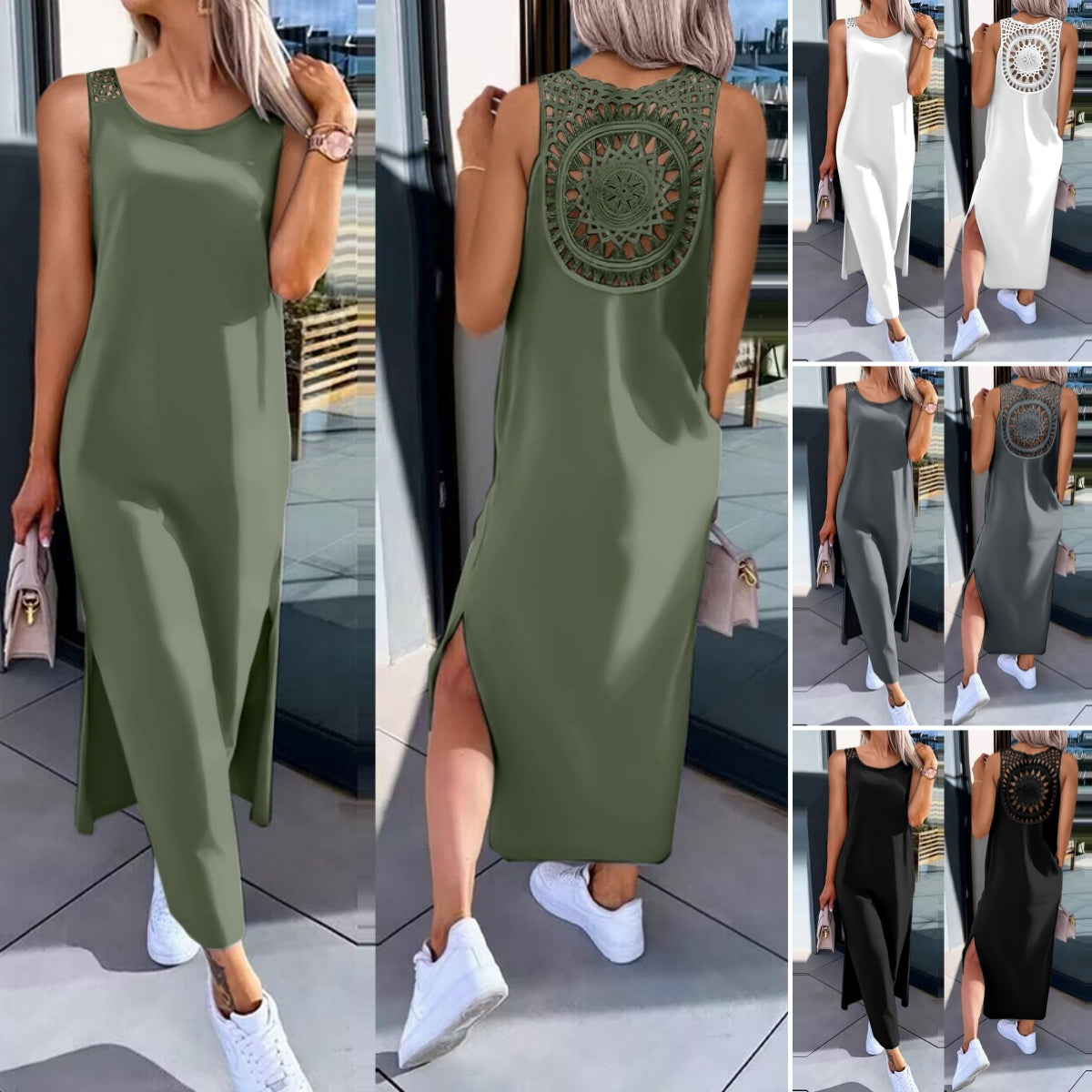 💋✨【50% zniżki 🔥】【S-XXL】✨👗 Sukienki bez rękawów w dużych rozmiarach, z wycięciem na plecach i rozcięciem po bokach