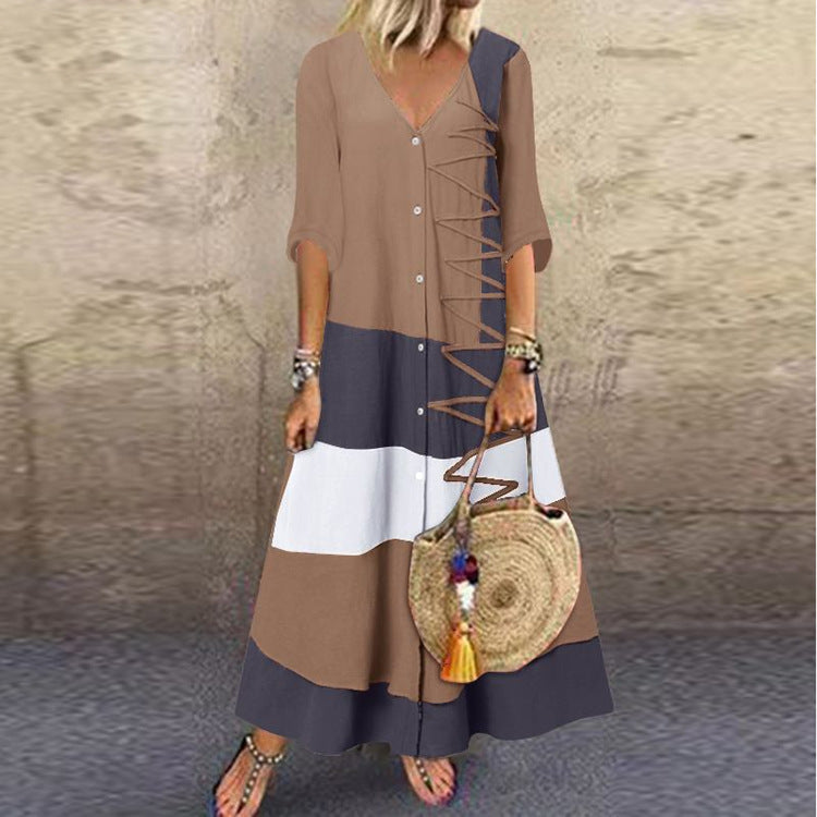 🌸🌸【S-5XL】2025 Noua modă de moda casual doamnelor cu decolteu în V cu mânecă scurtă cu mâneci scurte de imprimare rochie lun