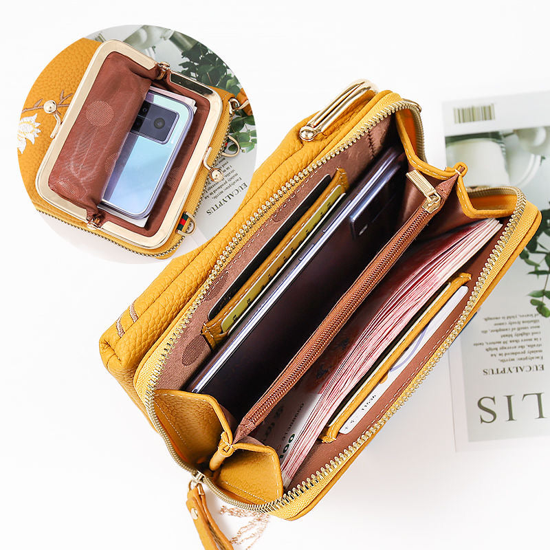 👜 Portfel damski typu crossbody ze skóry bydlęcej z haftem i paskiem na ramię, model 2025🎁