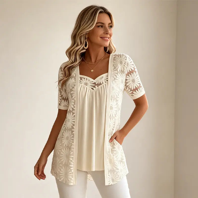 Elegantne bluze s 2-u-1 efektom, čipkom i mrežicom – dizajn za mršavljenje protiv skidanja trbuha, 5 boja, veličine S-4XL! 🌸✨