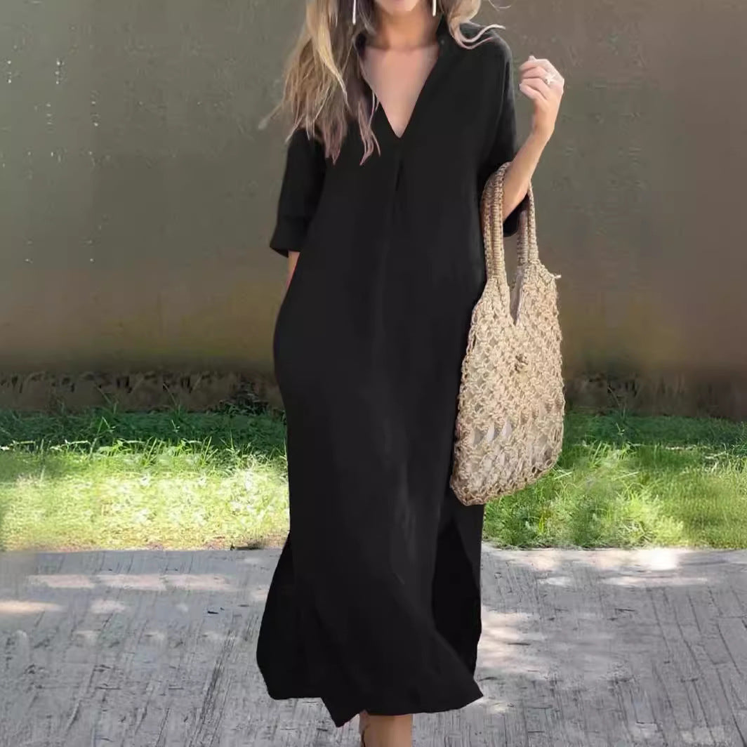 🌿💃【50% έκπτωση 🔥】【S–3XL】Μακρύ λινό φόρεμα με V λαιμόκοψη και σκισίματα, άνετο και ελαφρύ για το καλοκαίρι