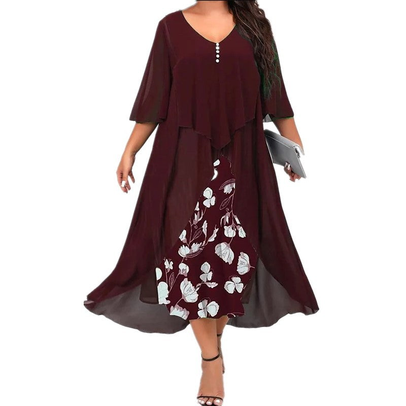 ✨💕【S-5XL】Rochie nouă din două piese, din șifon, cu imprimeu neregulat și model patchwork, mărime mare, 2025
