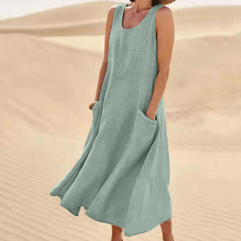 🌈👗【S-5XL】Nova elegantna jednobojna haljina bez rukava s okruglim izrezom od pamuka i lana za ljeto 2025.
