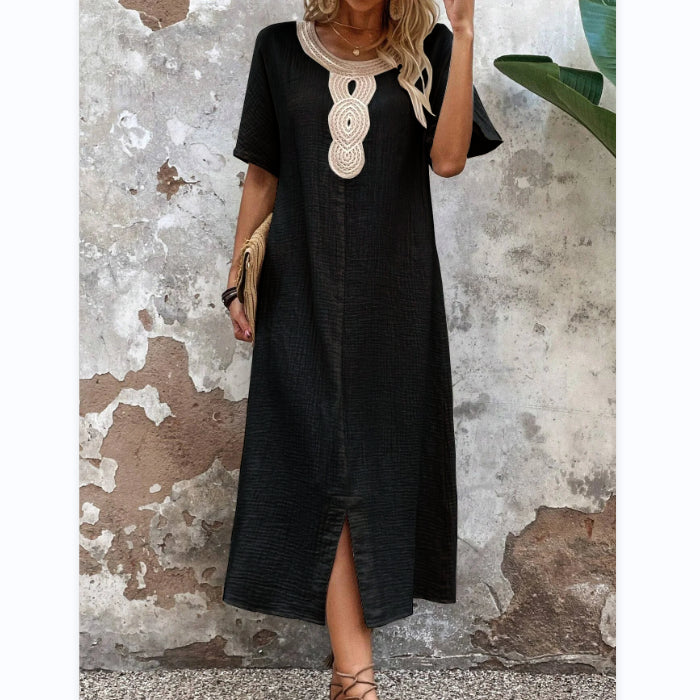 【S-3XL】Rochie brodata la gât rotund din bumbac si in de culoare uni