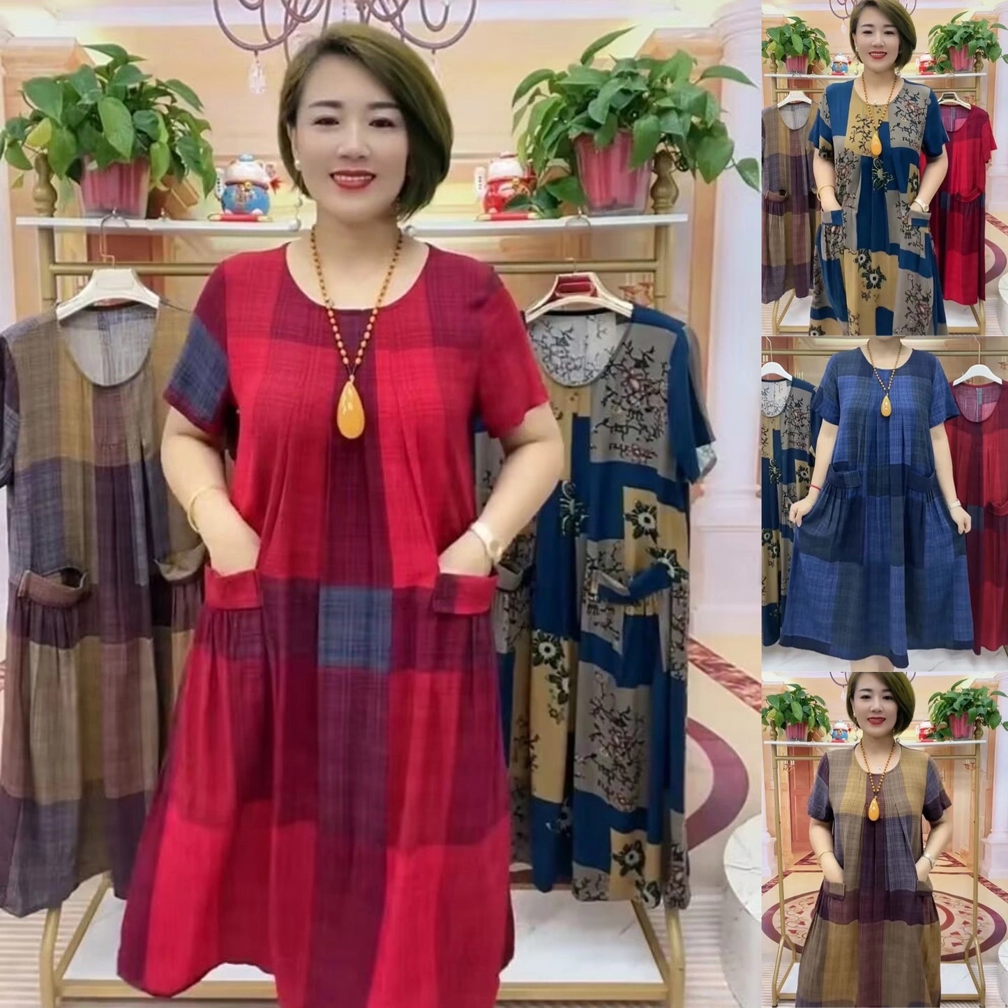 👗❤️【50-100 kg】2025 Rochie de călătorie în carouri, la modă lejeră Rochie confortabilă pentru mamă