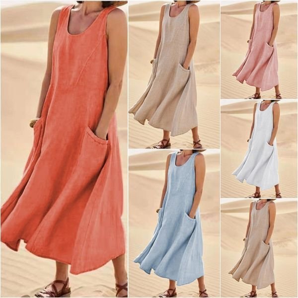 🌈👗【S-5XL】Nova elegantna jednobojna haljina bez rukava s okruglim izrezom od pamuka i lana za ljeto 2025.
