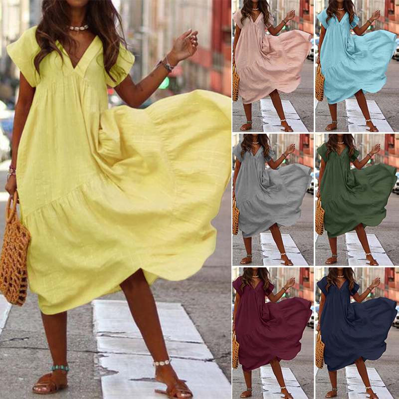 👗👗✨【S-5XL】Ženska ljetna boemska midi haljina s V izrezom i volanima
