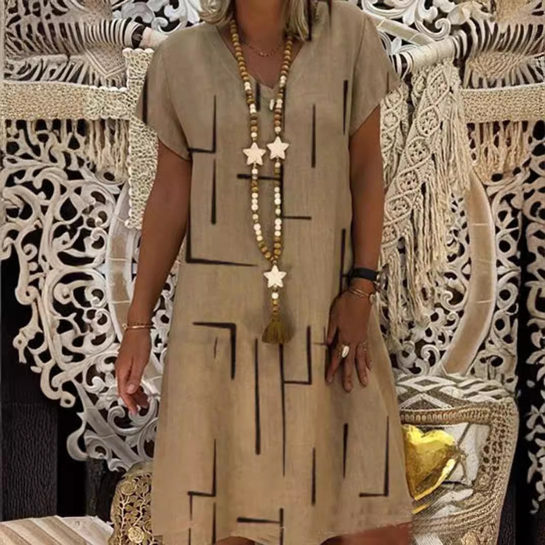 🥻🌲【45% OFF】👗【S-5XL】Nowa sukienka z nadrukiem z dekoltem w serek, wykonana z bawełny i lnu: przyjazna dla skóry i miękka