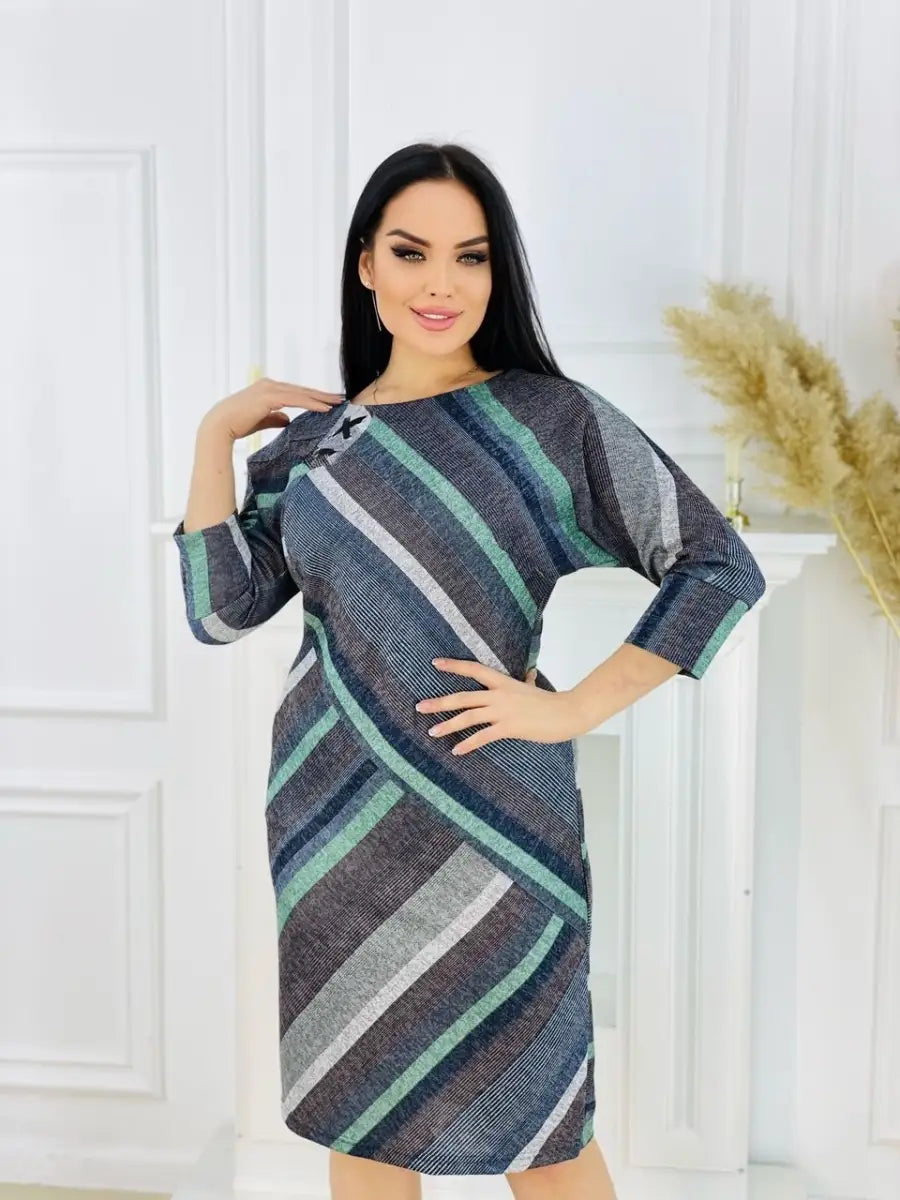 👗🍂Νέο φθινοπωρινό κομψό ριγέ φόρεμα με στρογγυλή λαιμόκοψη
