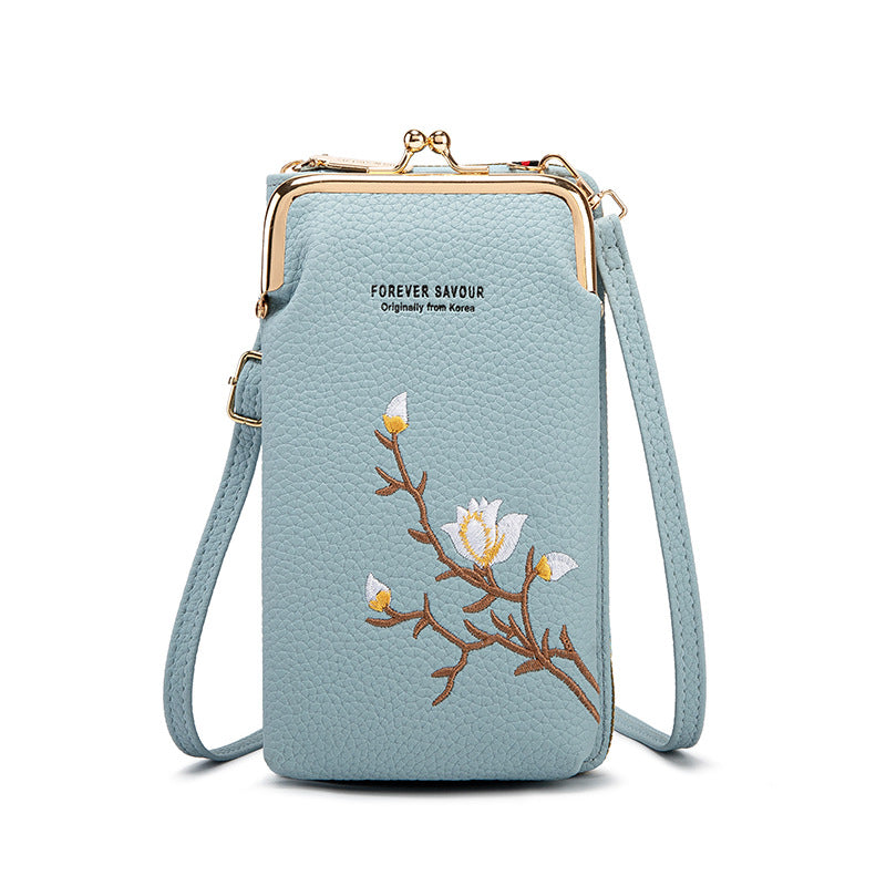👜 Portfel damski typu crossbody ze skóry bydlęcej z haftem i paskiem na ramię, model 2025🎁