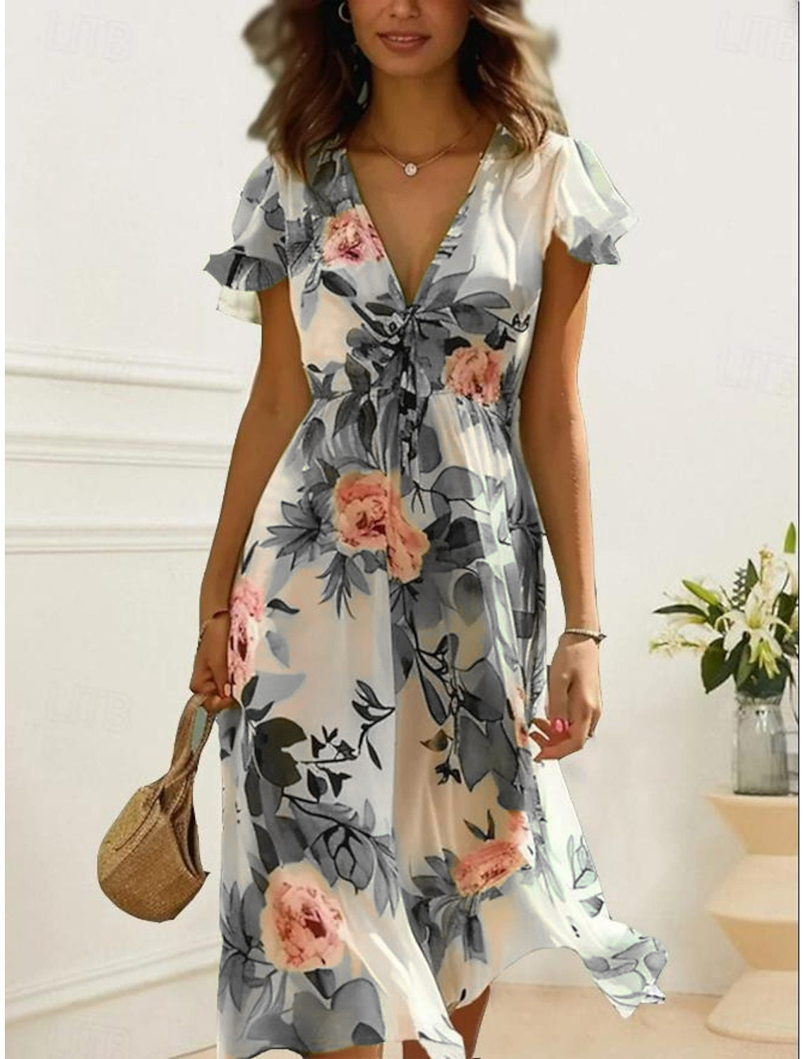 🔥👗👗【S-3XL】Elegantna midi haljina s cvjetnim uzorkom i V-izrezom