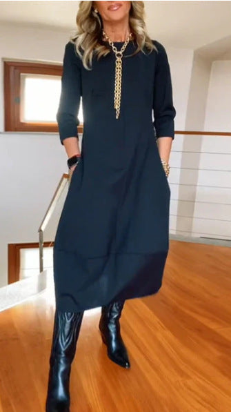 👗✨Plaćanje pouzećem✨ Elegantna jednobojna haljina dugih rukava, udobna i praktična, pogodna za svakodnevno nošenje.