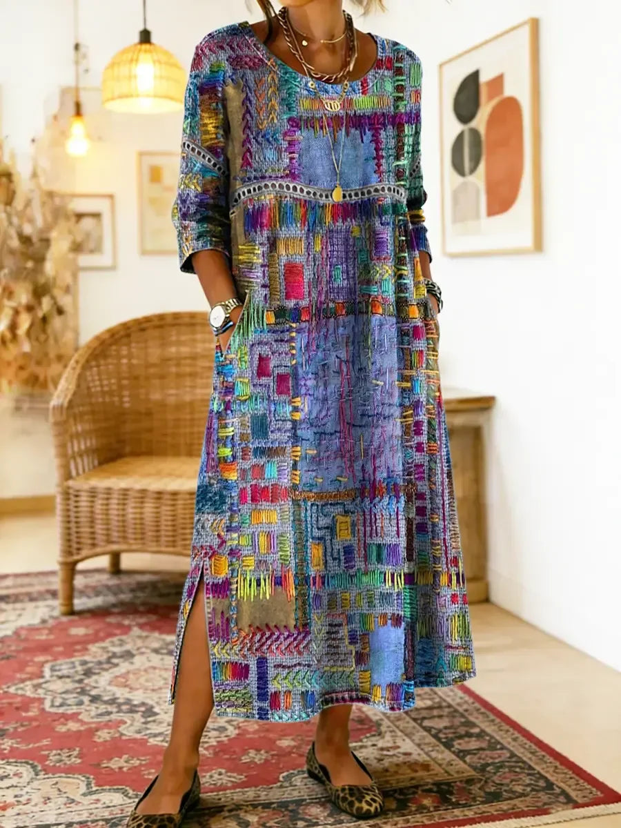 šćS-5XLćŽenska haljina od Äistog pamuka, etniÄki print, patchwork, Äipkasti obrub