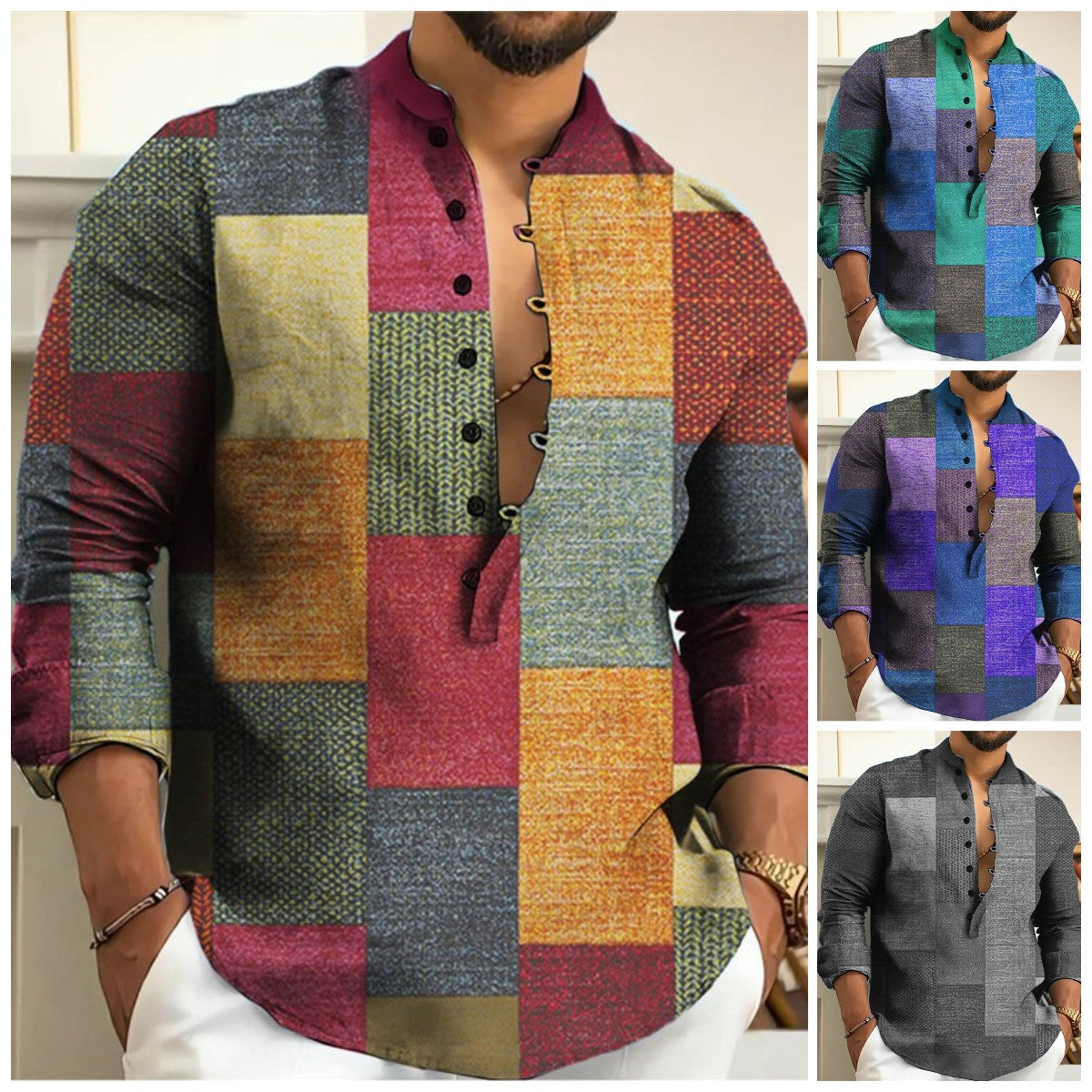 🔥💥Cămașă din bumbac și in pentru bărbați cu model geometric