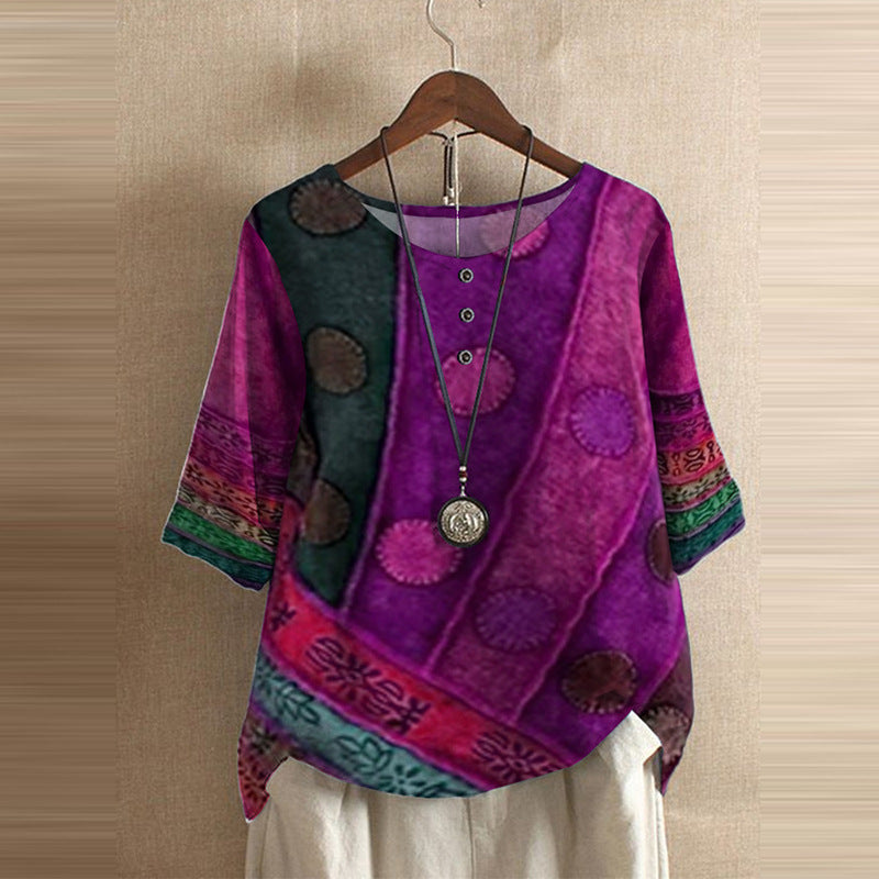 🌸2025 Noul puzzle geometric cu imprimare digitală, cu gât rotund, tricou mai lung pentru femei