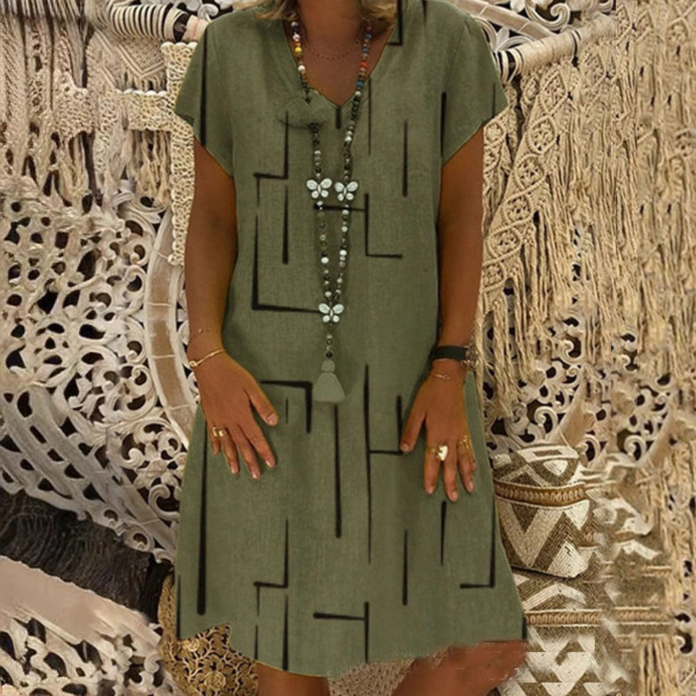 🥻🌲【45% OFF】👗【S-5XL】Nowa sukienka z nadrukiem z dekoltem w serek, wykonana z bawełny i lnu: przyjazna dla skóry i miękka