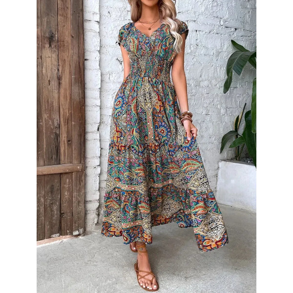 🔥👗【S-3XL】Damska sukienka maxi z wysokim stanem i dekoltem w szpic z nadrukiem w stylu boho