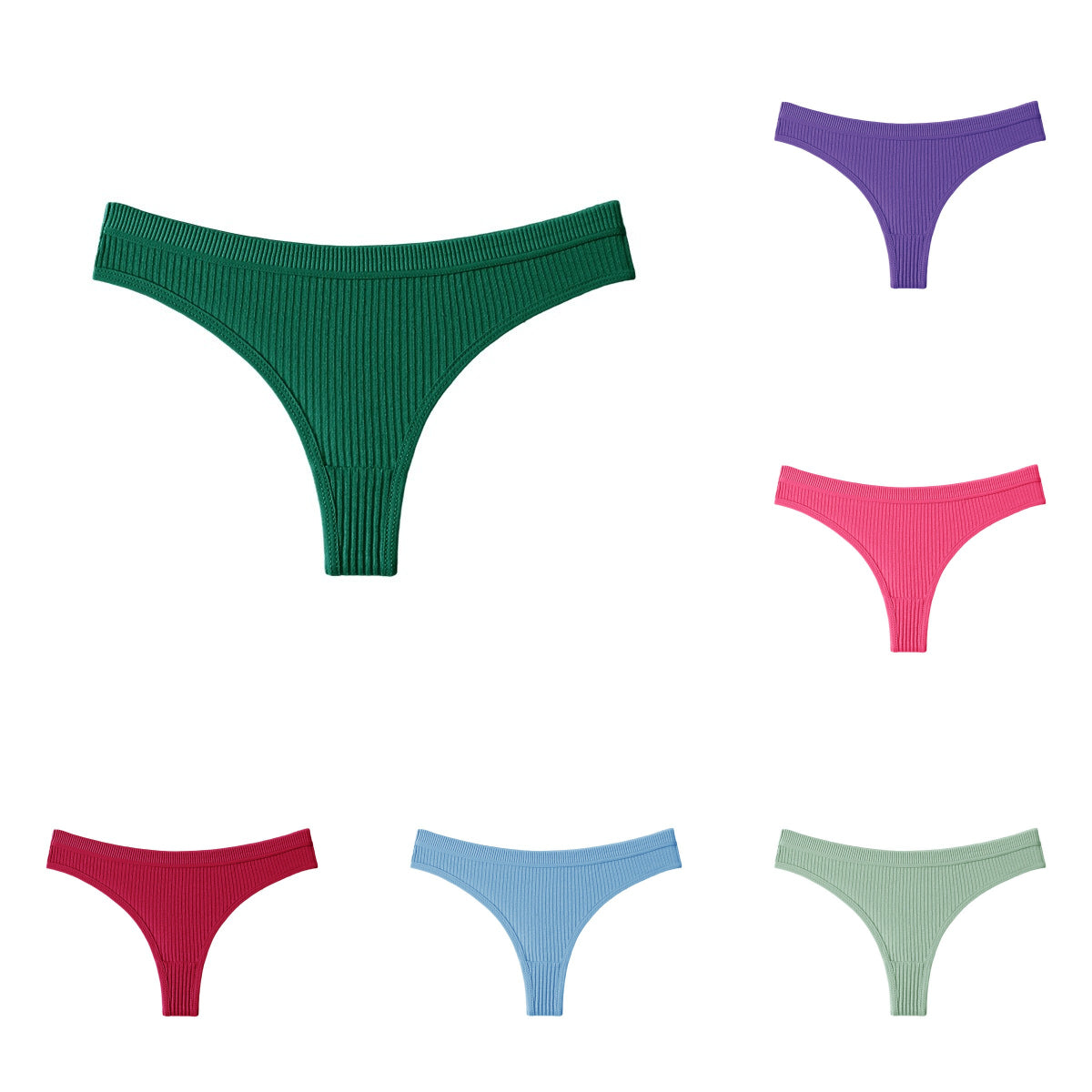 【40-90 kg】【XS-2XL】 Seksi ženske tange – jednobojne rebraste pamučne gaćice 【Set od 6 dijelova】