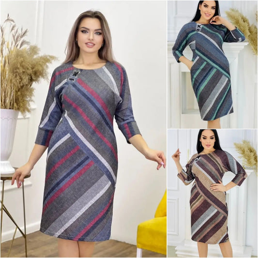 👗🍂Νέο φθινοπωρινό κομψό ριγέ φόρεμα με στρογγυλή λαιμόκοψη