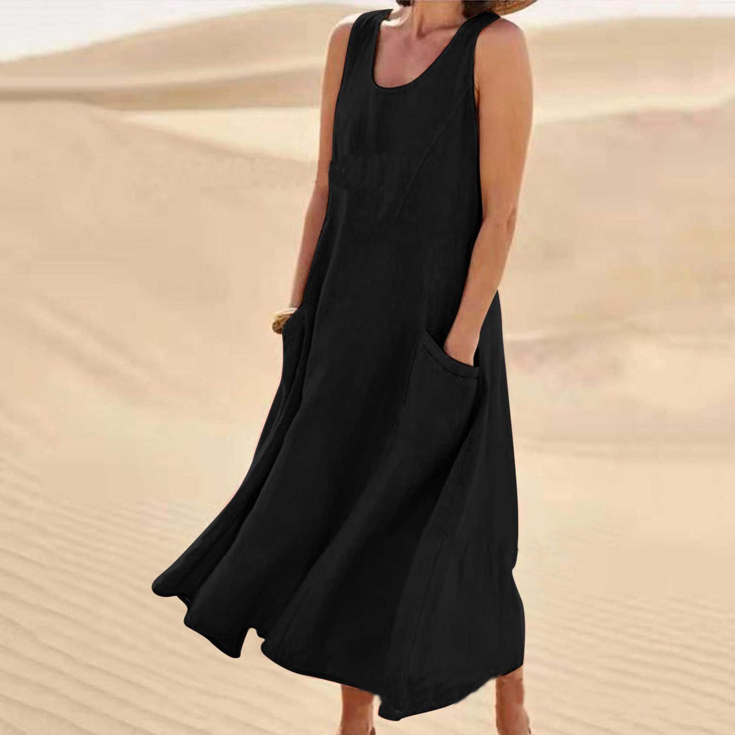 🌈👗【S-5XL】Nova elegantna jednobojna haljina bez rukava s okruglim izrezom od pamuka i lana za ljeto 2025.