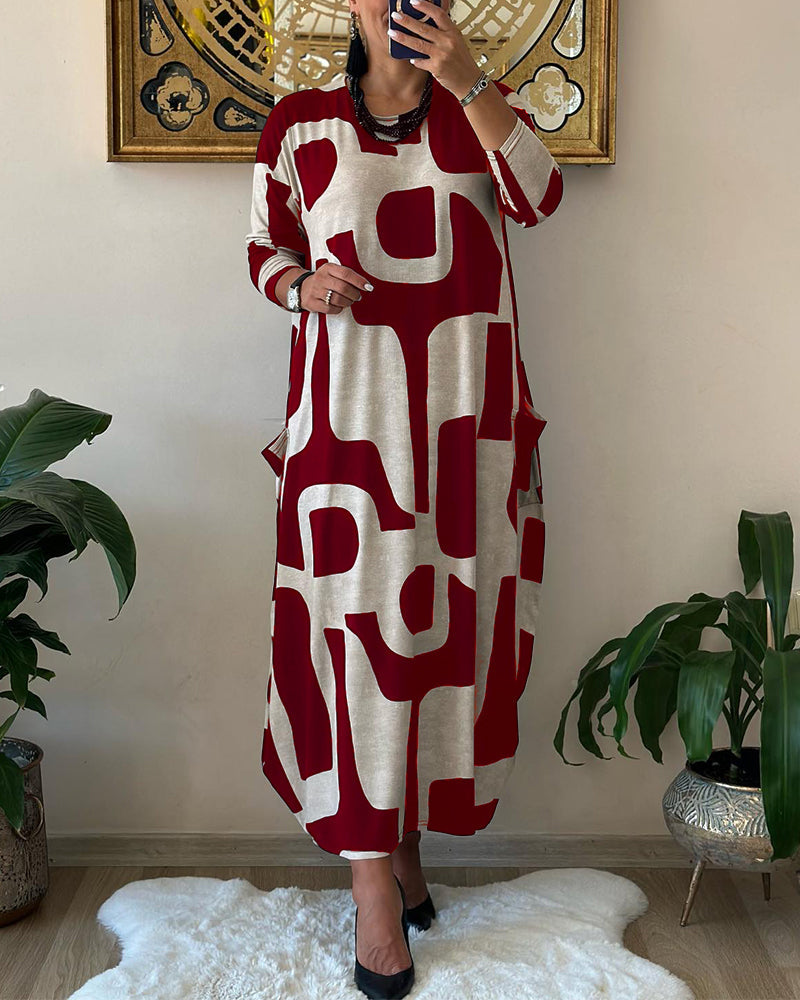 🥻Rochie casual cu imprimeu și guler rotund, la modă, de toamnă