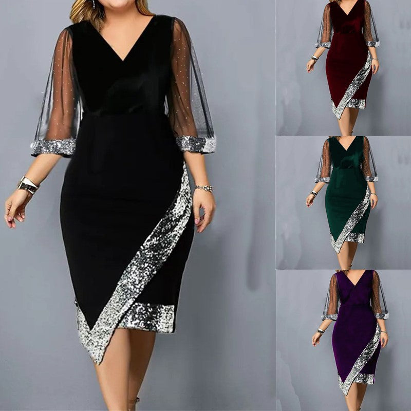 🌟 Nou 2025 ✨ Rochie de damă transparentă din plasă neregulată, catifea aurie și paiete ✨👗💃