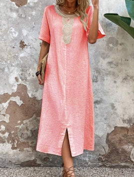 【S-3XL】Rochie brodata la gât rotund din bumbac si in de culoare uni