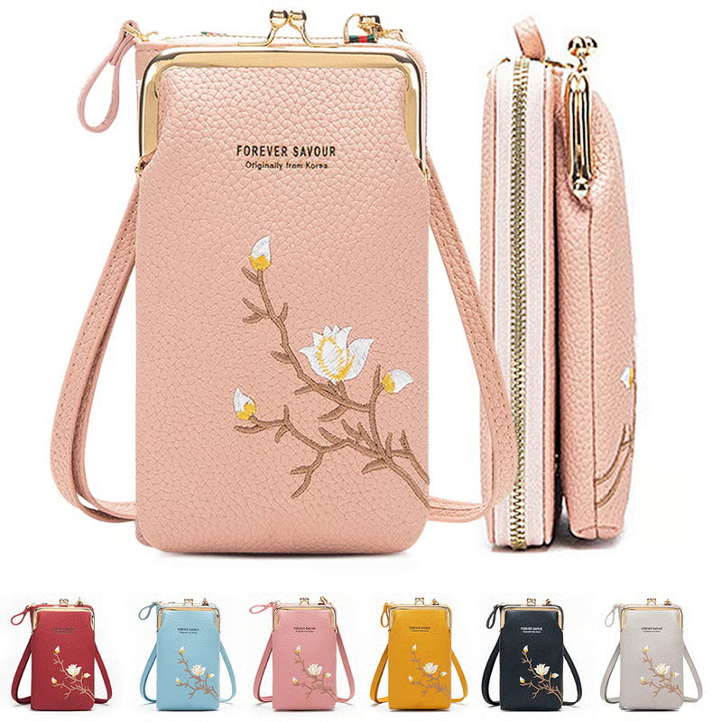 👜 Portfel damski typu crossbody ze skóry bydlęcej z haftem i paskiem na ramię, model 2025🎁