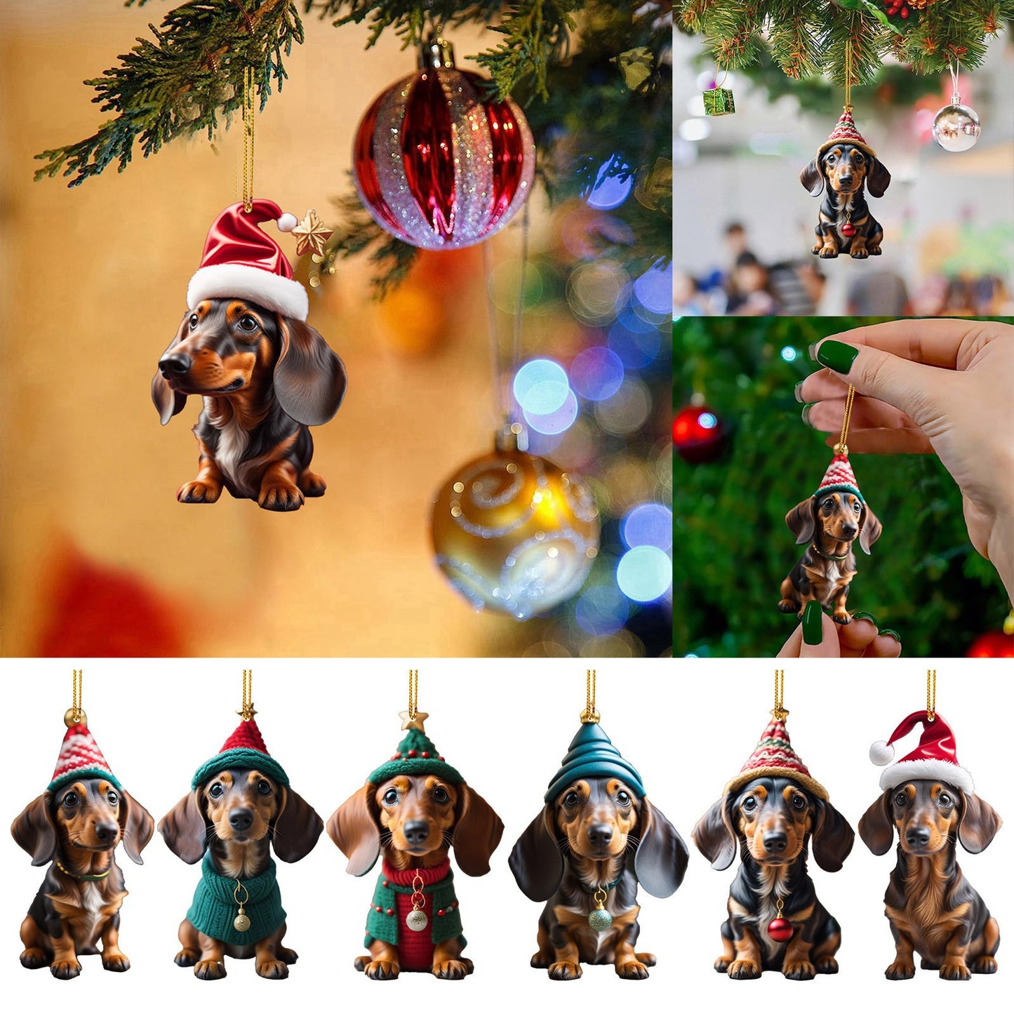 【🐶7 bucăți】🎄Bożonarodzeniowe ozdoby choinkowe w kształcie jamnika, zawieszki do dekoracji samochodu