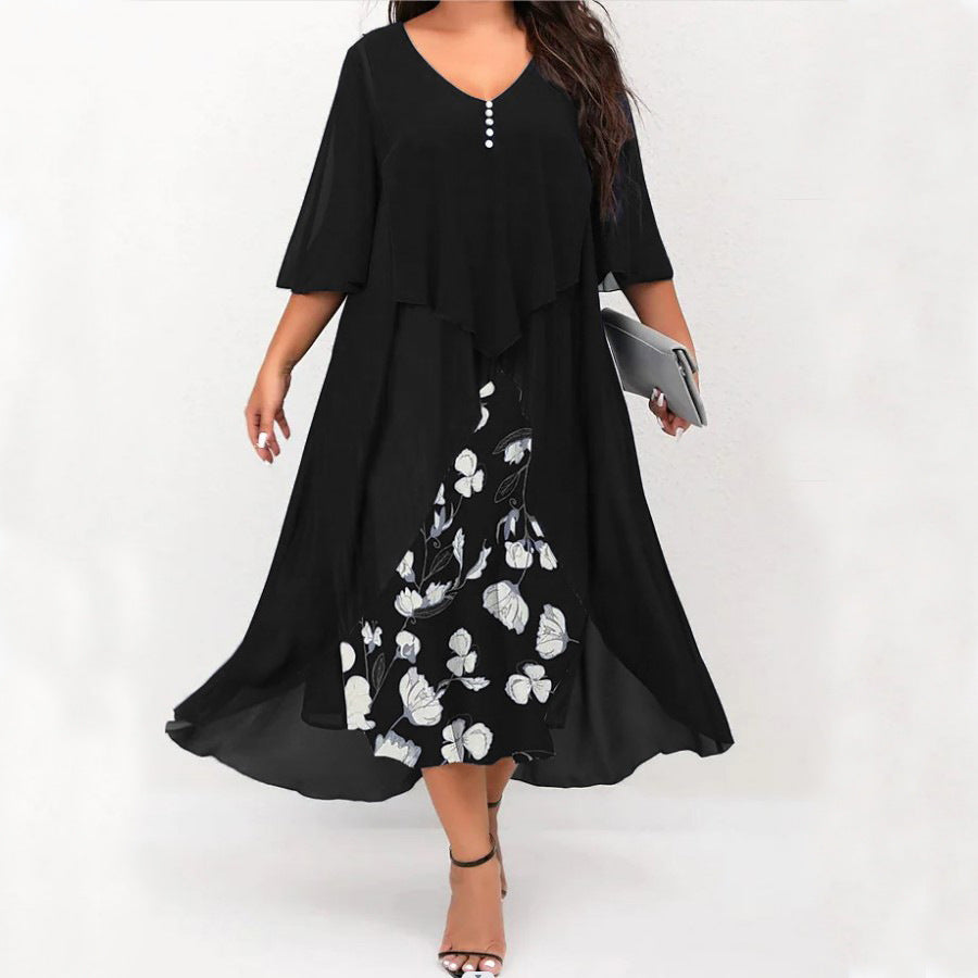 ✨💕【S-5XL】Rochie nouă din două piese, din șifon, cu imprimeu neregulat și model patchwork, mărime mare, 2025