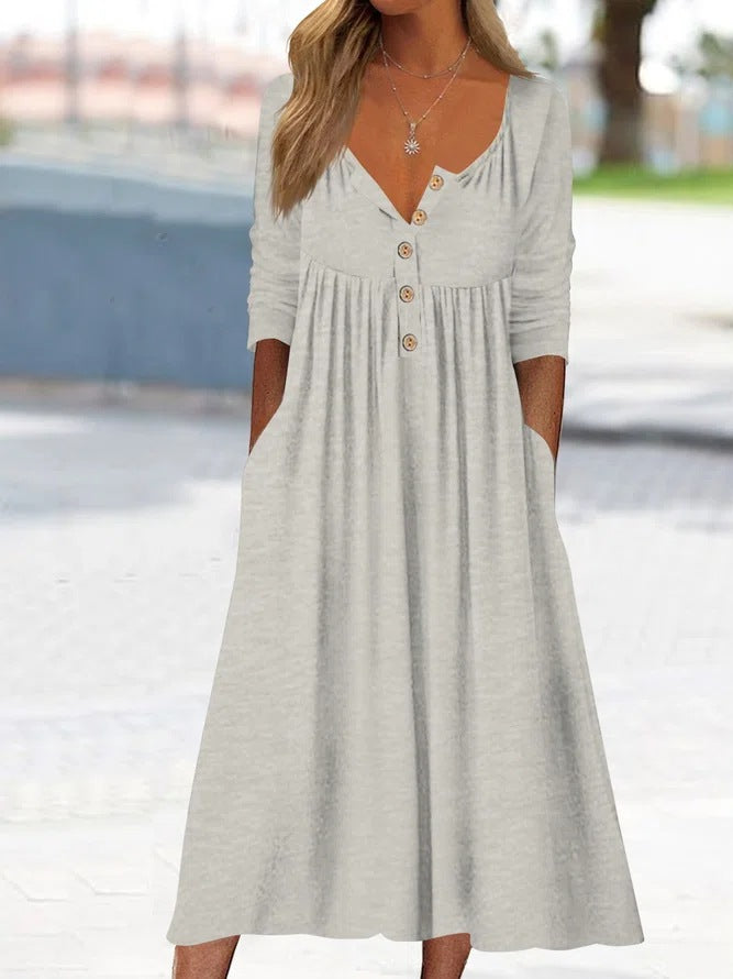 😍😍😍【S-3XL】Rochie midi de culoare uni cu nasturi