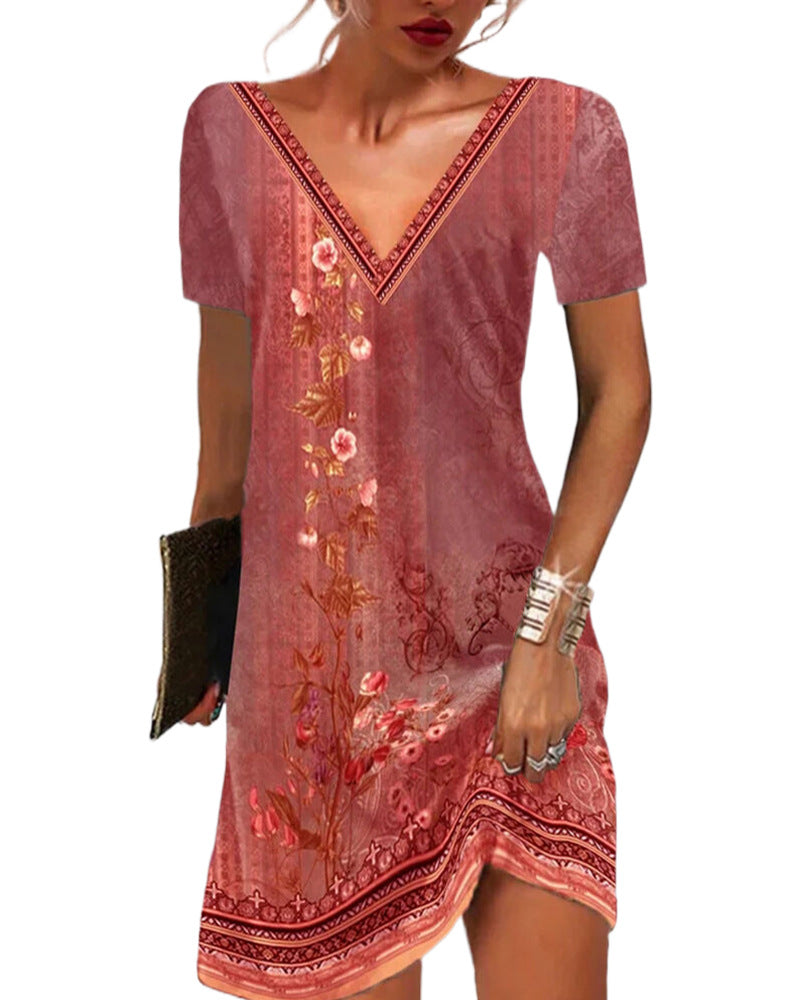 【S-5XL】 Rochie casual cu maneca scurta cu imprimeu etnic