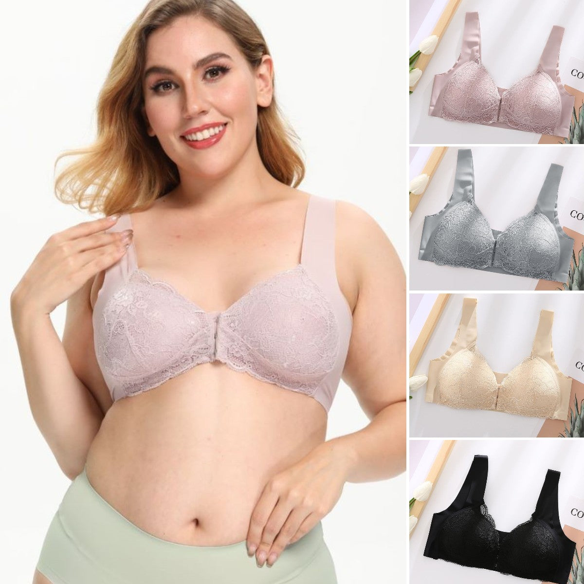 🌺✨【50% popusta】✨【1 set od 4 komada】Bešavni čipkasti grudnjak s kopčom s prednje strane bez žice