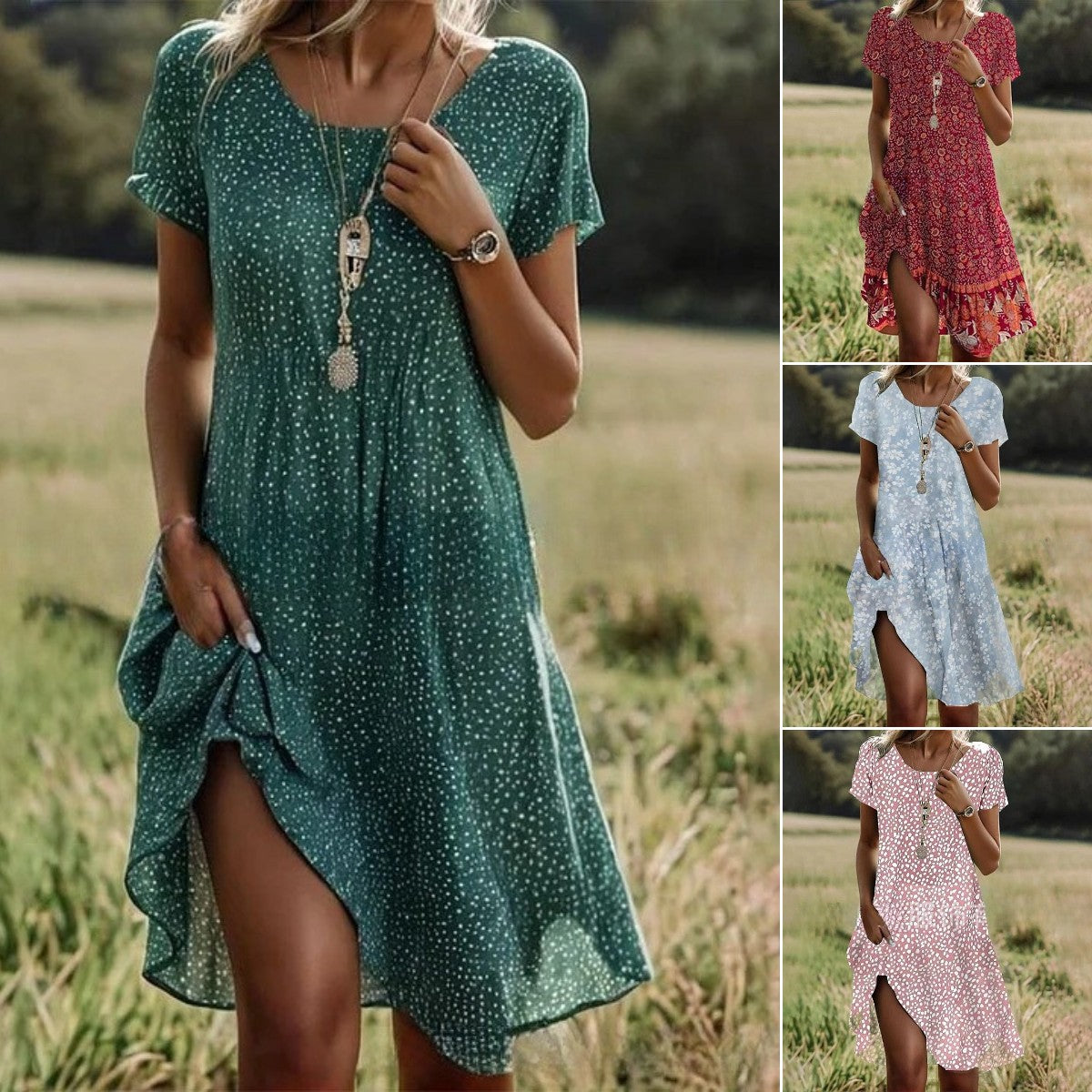 🔥【S-3XL】👗Nowa kolekcja 2025 wiosna/lato, sukienka z nadrukiem, okrągły dekolt, casual