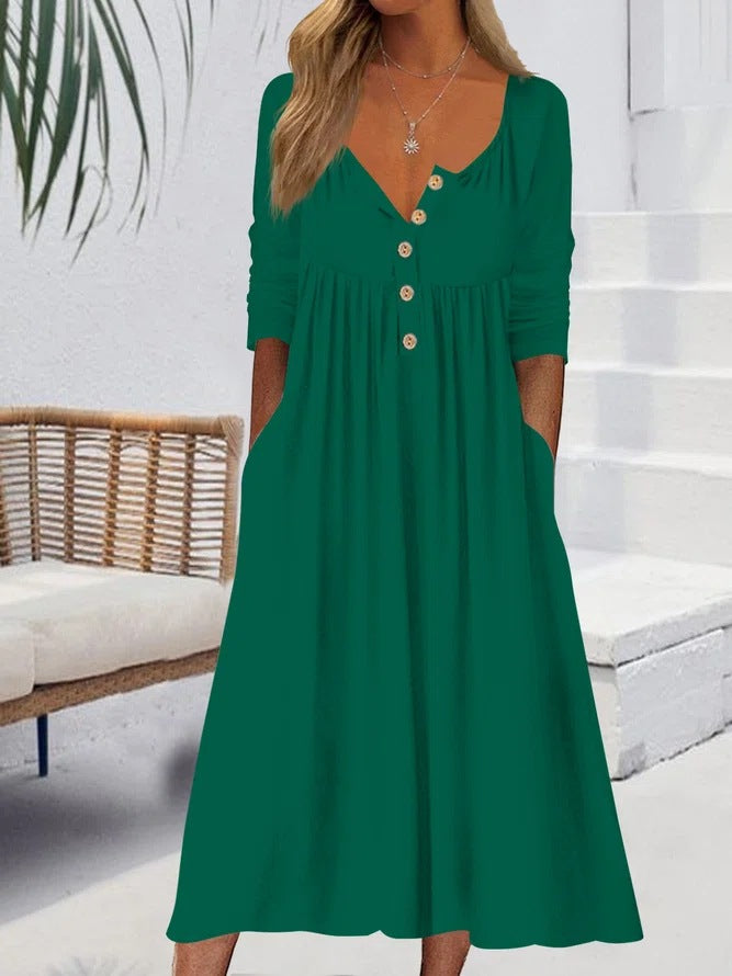 😍😍😍【S-3XL】Rochie midi de culoare uni cu nasturi