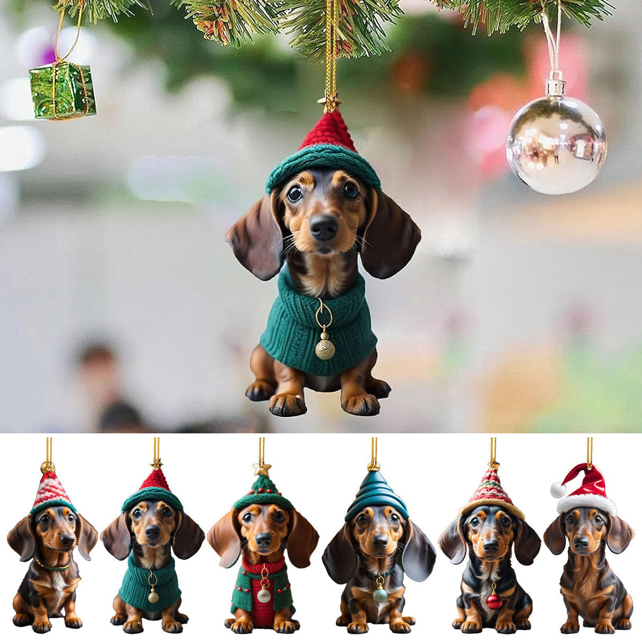 【🐶7 bucăți】🎄Bożonarodzeniowe ozdoby choinkowe w kształcie jamnika, zawieszki do dekoracji samochodu