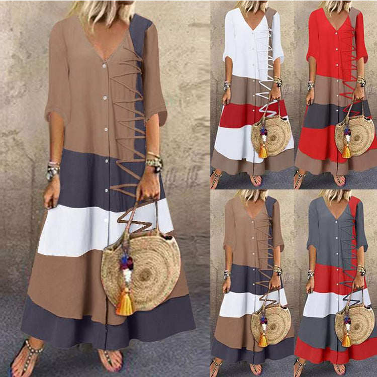 🌸🌸【S-5XL】2025 Noua modă de moda casual doamnelor cu decolteu în V cu mânecă scurtă cu mâneci scurte de imprimare rochie lun