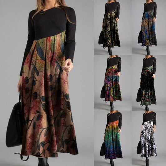 👗【S-3XL】Nowa jesienno-zimowa damska sukienka z długim rękawem i patchworkiem
