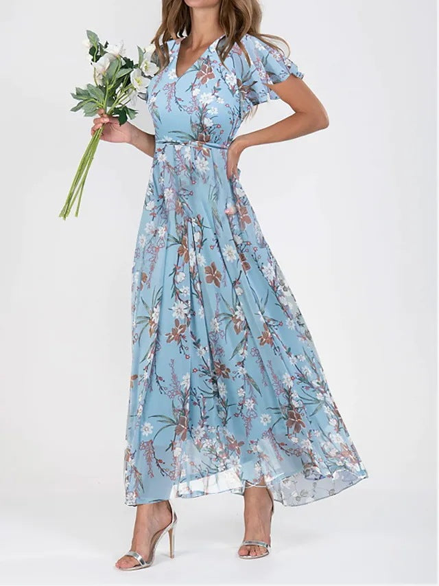 ✨🔥【Noua vară】【S-3XL】Rochie din șifon, mâneci scurte, volane în formă de V, la modă și strâmtă în talie