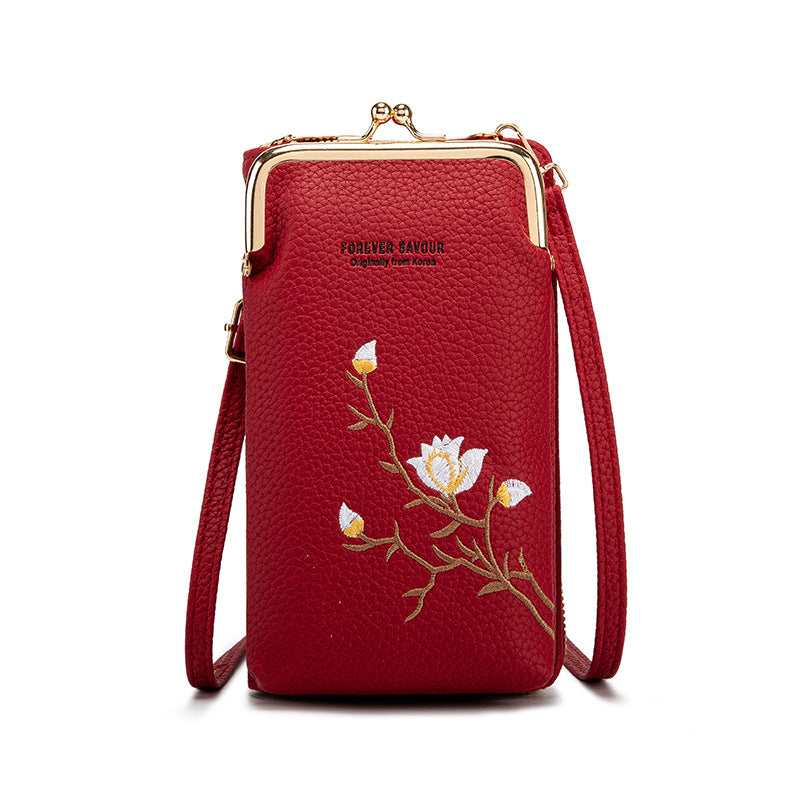 👜 Portfel damski typu crossbody ze skóry bydlęcej z haftem i paskiem na ramię, model 2025🎁